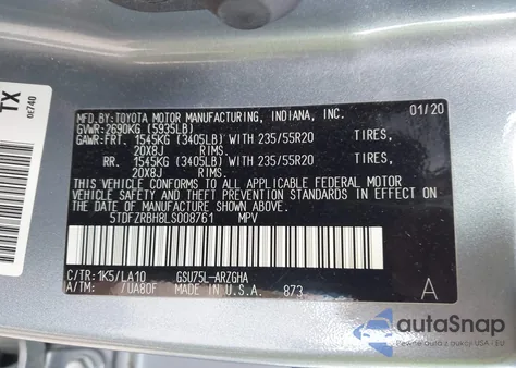 2020 Toyota Highlander Platinum from USA, damaged, VIN 5TDFZRBH8LS008761